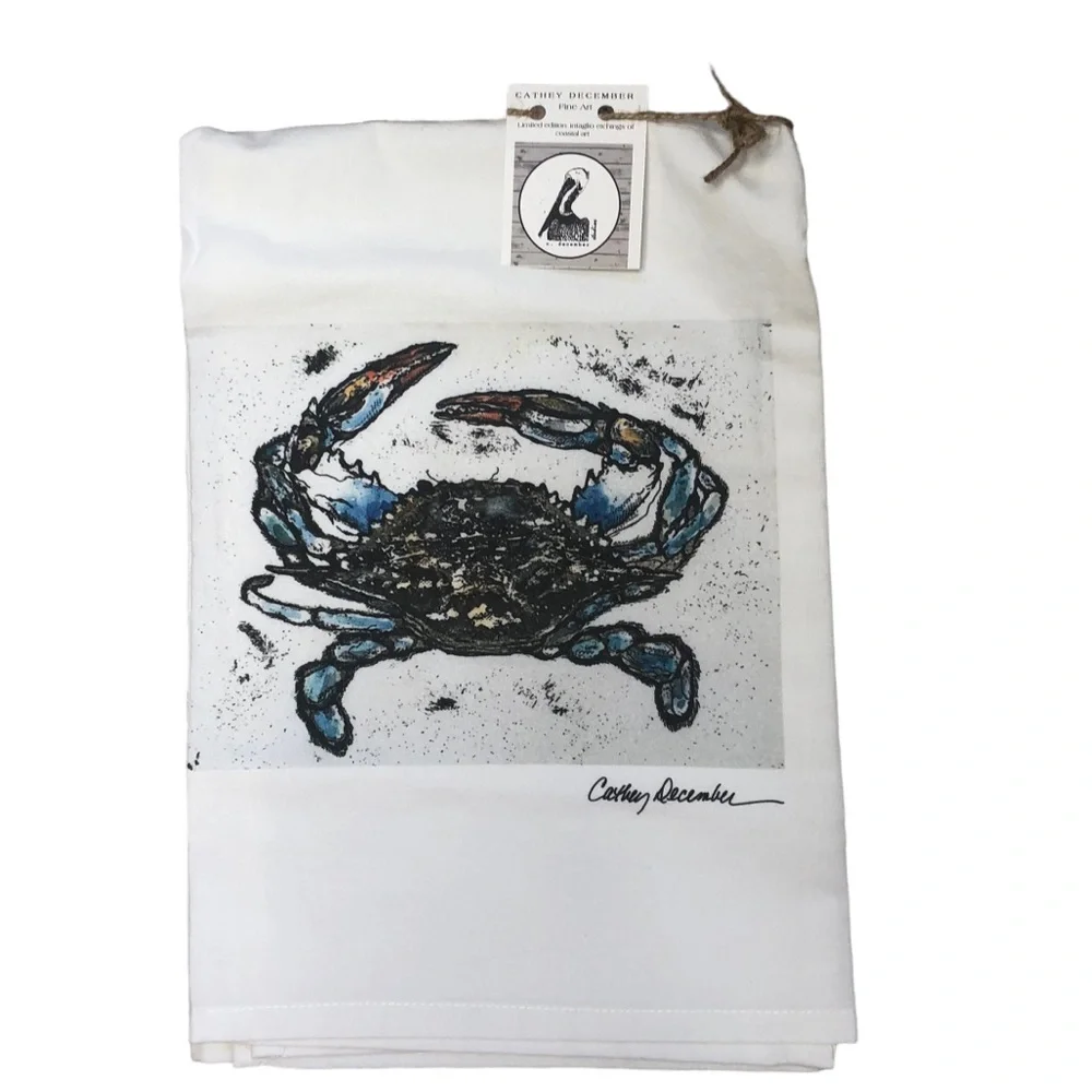 Flour Sack Kitchen Dish Towel With Crab Art Design by Cathey December Gi…